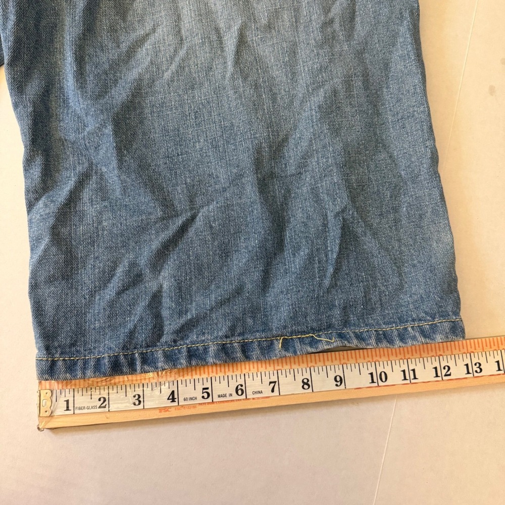 Nu Wear Mens Baggy Denim Shorts Blue Rainbow Embroidery Jorts Size 34 90s Y2K - Picture 6 of 11